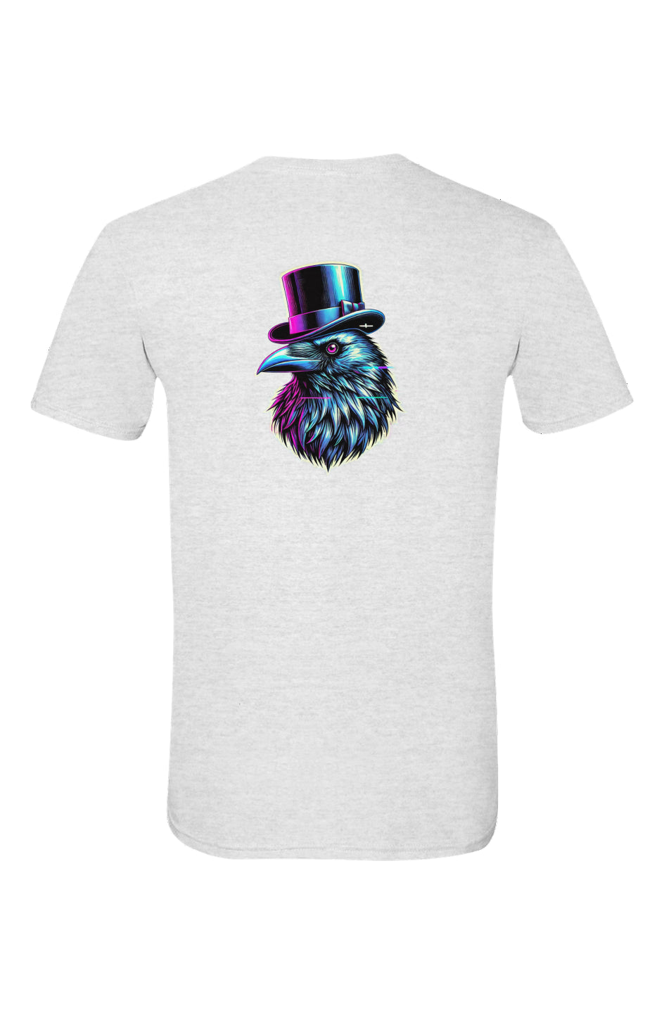 Men's white Crow and Hat, popular promoted British Clothes designer. Onlyfans style text with large print on the rear. Bold glitched effect Crow in a Top Hat with arrows. Colours are blues greens and yellows. Rear print Crow and Hat. Westminster Vault website. Westminster Vault has the best Streetwear Clothing  designs. Viral Artist merch and funny t-shirt gift ideas for men and women. UK Company British Owned Available on Google, Facebook, Instagram Snapchat and Tiktok. WestminsterVault.com,