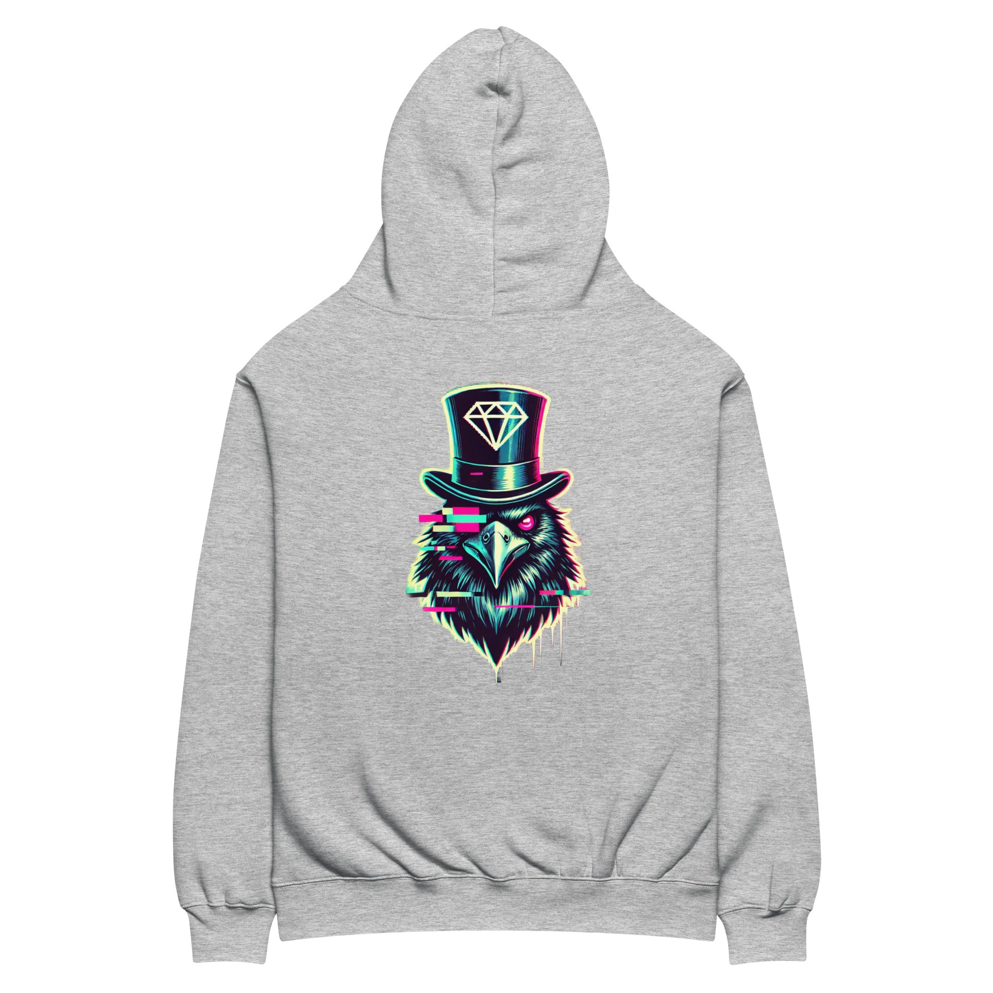 Men's Grey Project 2025 Crow and Hat hoodie. British Clothes designer. Turquoise edged Gothic style text with Crow and Hat print on the front. Bold glitched effect Crow in a Top Hat with arrows. Colours are blues, purples on the rear.  Westminster Vault website. Westminster Vault has the best Streetwear Clothing  designs. Viral Artist merch and funny t-shirt gift ideas for men and women. UK Company British Owned Available on Google, Facebook, Instagram Snapchat and Tiktok. WestminsterVault.com,