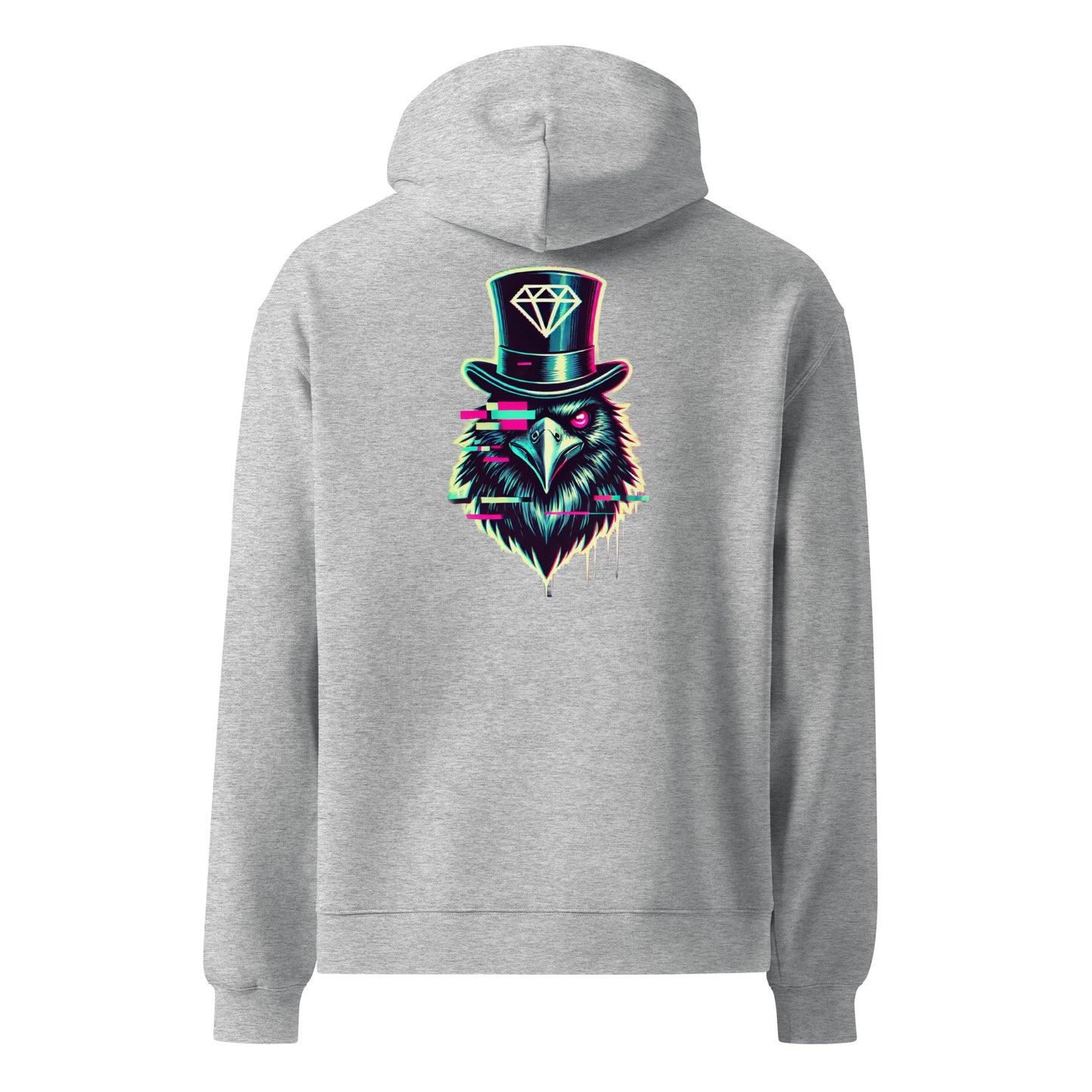 Men's Grey Project 2025 Crow and Hat hoodie. British Clothes designer. Turquoise edged Gothic style text with Crow and Hat print on the front. Bold glitched effect Crow in a Top Hat with arrows. Colours are blues, purples on the rear.  Westminster Vault website. Westminster Vault has the best Streetwear Clothing  designs. Viral Artist merch and funny t-shirt gift ideas for men and women. UK Company British Owned Available on Google, Facebook, Instagram Snapchat and Tiktok. WestminsterVault.com,