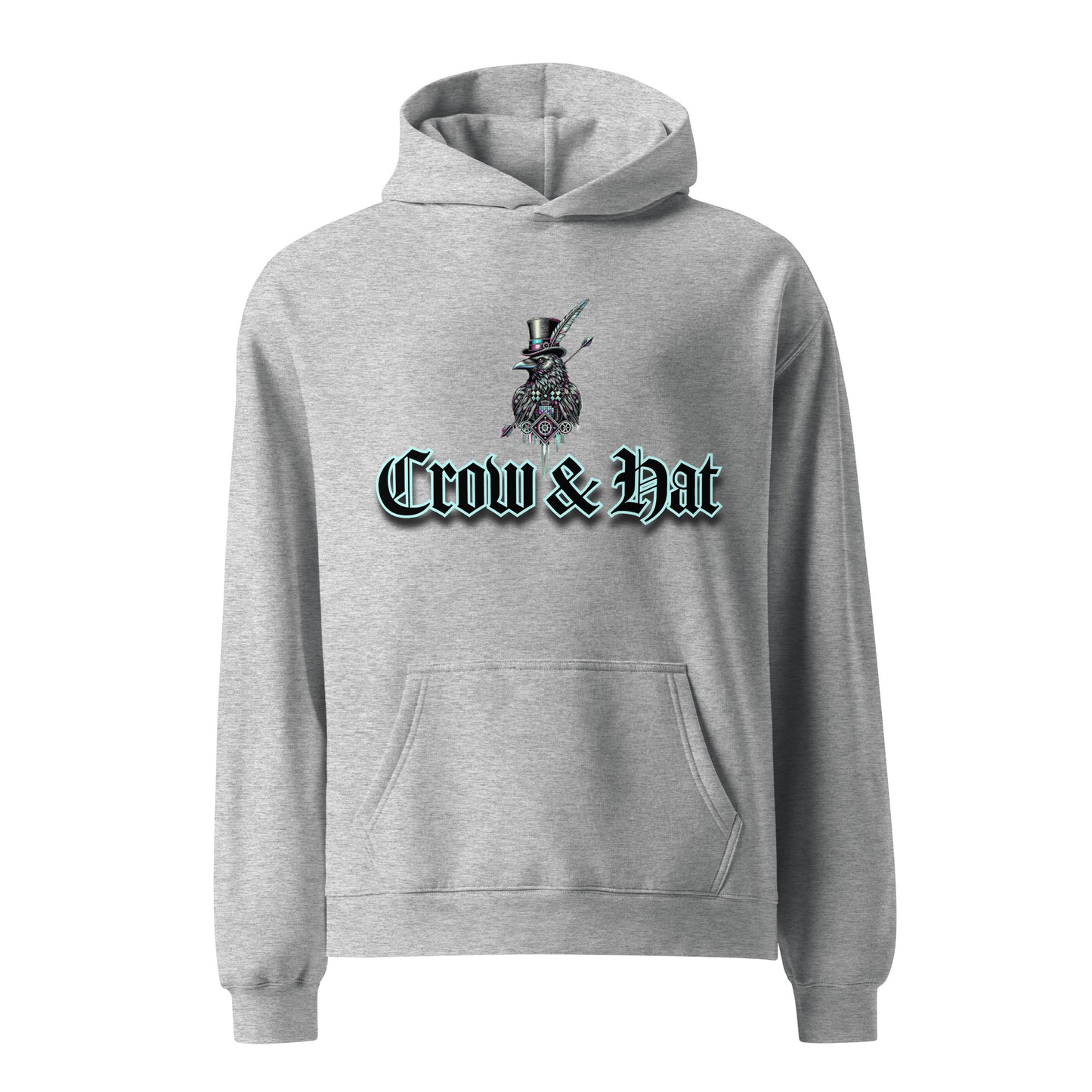 Men's Grey Project 2025 Crow and Hat hoodie. British Clothes designer. Turquoise edged Gothic style text with Crow and Hat print on the front. Bold glitched effect Crow in a Top Hat with arrows. Colours are blues, purples on the rear.  Westminster Vault website. Westminster Vault has the best Streetwear Clothing  designs. Viral Artist merch and funny t-shirt gift ideas for men and women. UK Company British Owned Available on Google, Facebook, Instagram Snapchat and Tiktok. WestminsterVault.com,