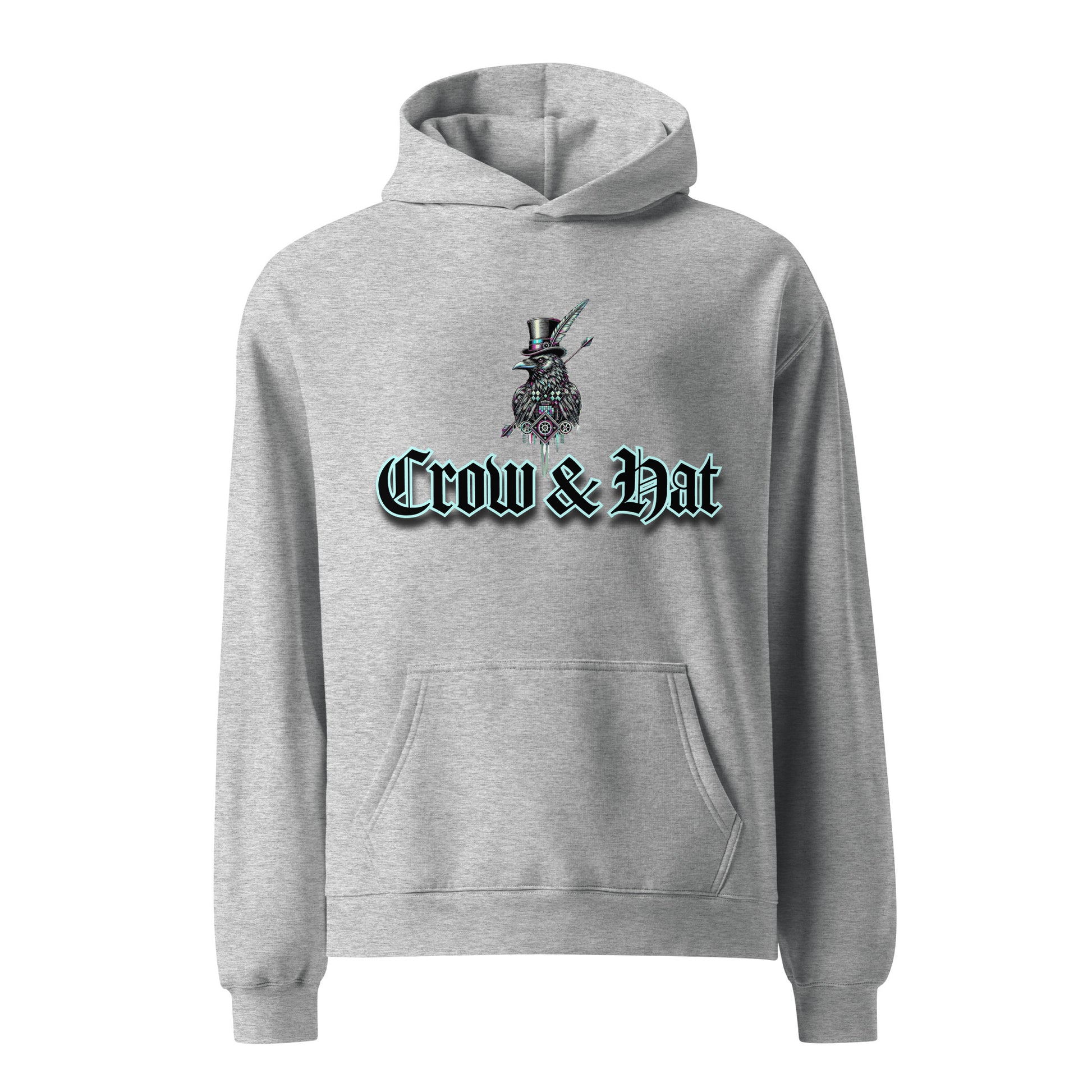 Men's Grey Project 2025 Crow and Hat hoodie. British Clothes designer. Turquoise edged Gothic style text with Crow and Hat print on the front. Bold glitched effect Crow in a Top Hat with arrows. Colours are blues, purples on the rear.  Westminster Vault website. Westminster Vault has the best Streetwear Clothing  designs. Viral Artist merch and funny t-shirt gift ideas for men and women. UK Company British Owned Available on Google, Facebook, Instagram Snapchat and Tiktok. WestminsterVault.com,