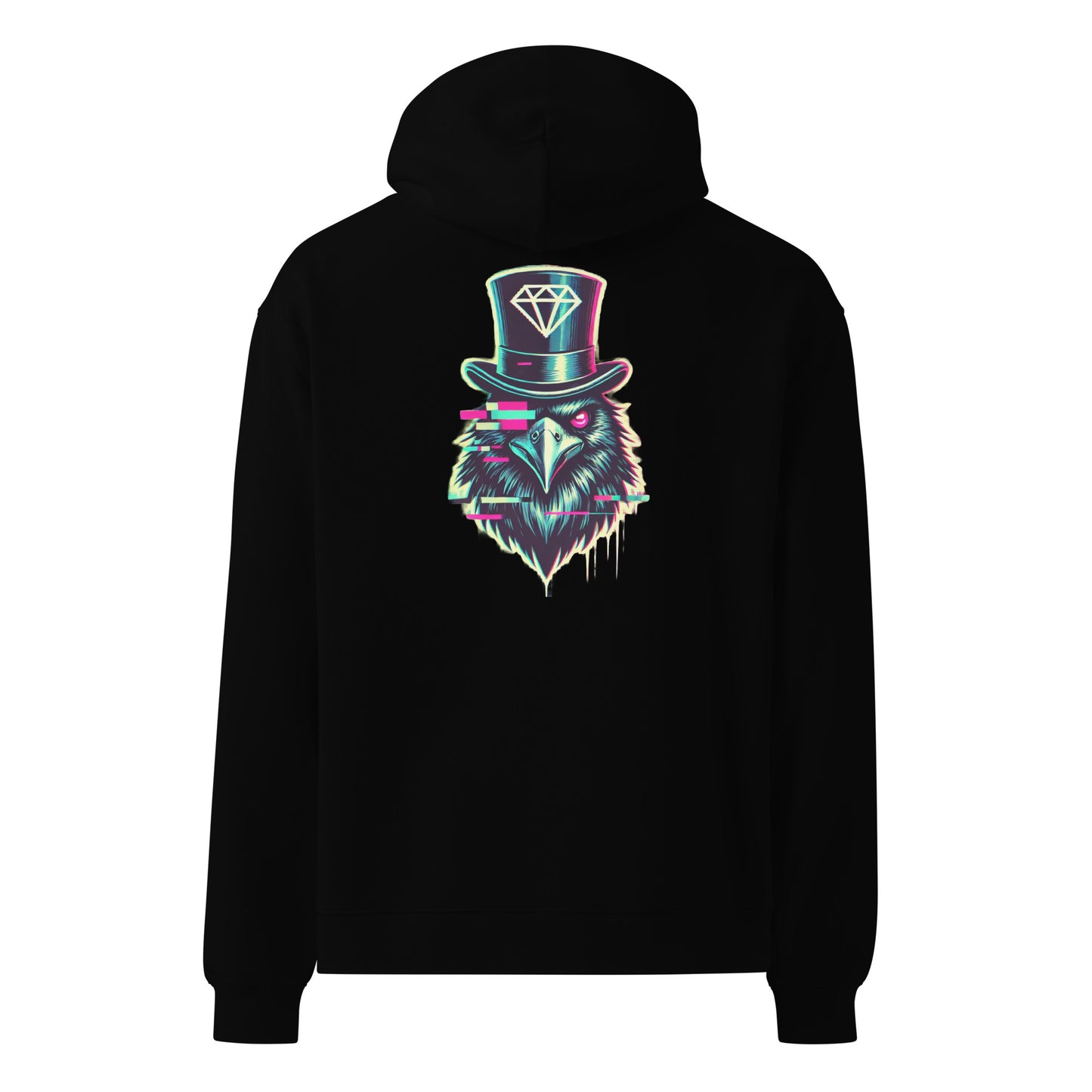 Men's Black Project 2025 Crow and Hat hoodie. British Clothes designer. Turquoise edged Gothic style text with Crow and Hat print on the front. Bold glitched effect Crow in a Top Hat with arrows. Colours are blues, purples on the rear.  Westminster Vault website. Westminster Vault has the best Streetwear Clothing  designs. Viral Artist merch and funny t-shirt gift ideas for men and women. UK Company British Owned Available on Google, Facebook, Instagram Snapchat and Tiktok. WestminsterVault.com,