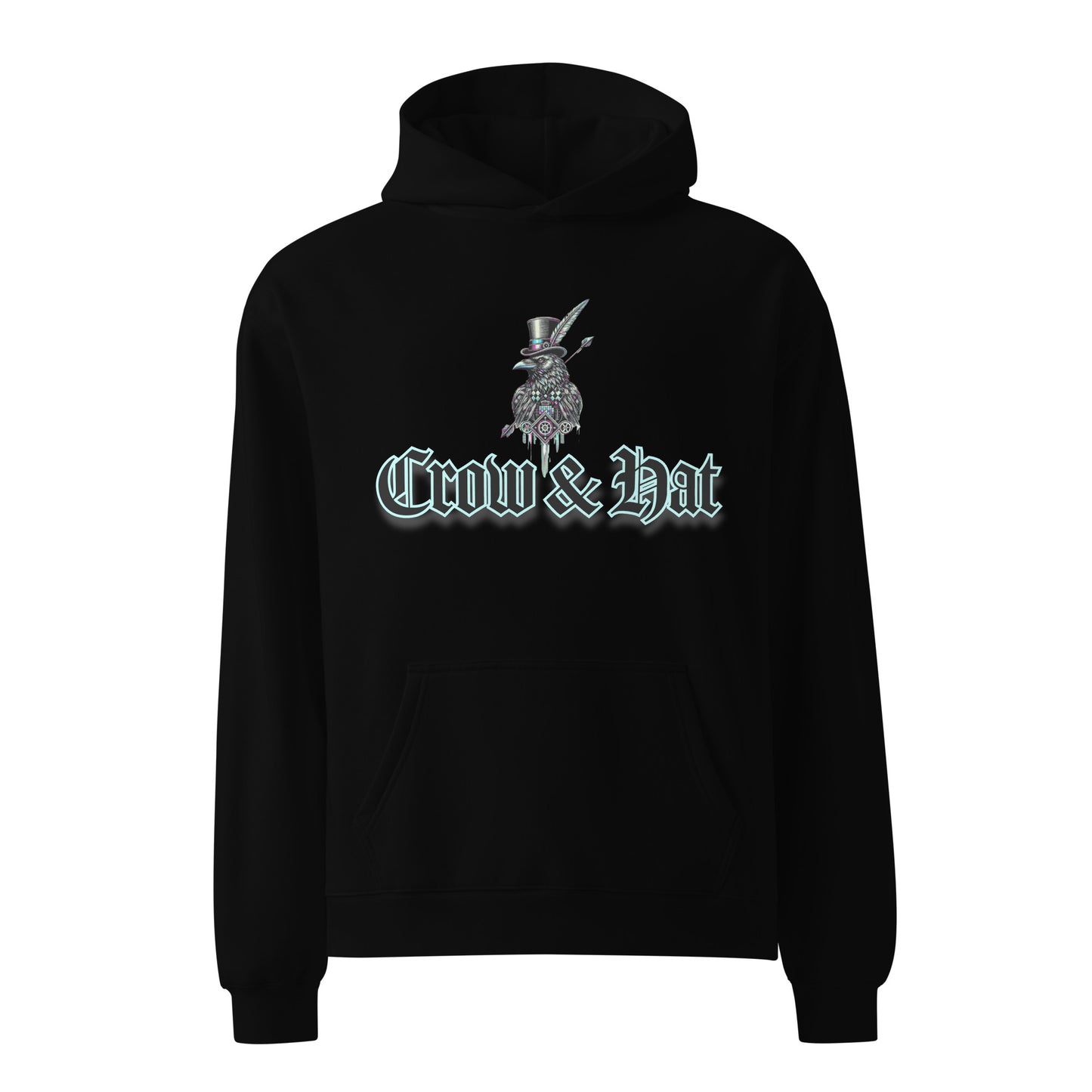 Men's Black Project 2025 Crow and Hat hoodie. British Clothes designer. Turquoise edged Gothic style text with Crow and Hat print on the front. Bold glitched effect Crow in a Top Hat with arrows. Colours are blues, purples on the rear.  Westminster Vault website. Westminster Vault has the best Streetwear Clothing  designs. Viral Artist merch and funny t-shirt gift ideas for men and women. UK Company British Owned Available on Google, Facebook, Instagram Snapchat and Tiktok. WestminsterVault.com,