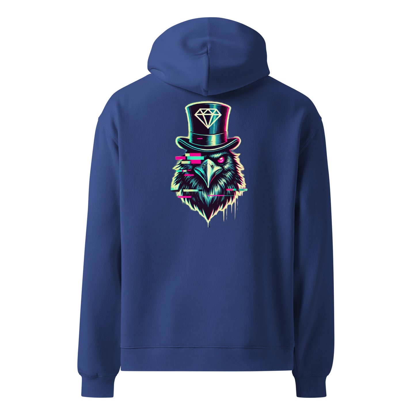 Men's Blue Project 2025 Crow and Hat hoodie. British Clothes designer. Turquoise edged Gothic style text with Crow and Hat print on the front. Bold glitched effect Crow in a Top Hat with arrows. Colours are blues, purples on the rear.  Westminster Vault website. Westminster Vault has the best Streetwear Clothing  designs. Viral Artist merch and funny t-shirt gift ideas for men and women. UK Company British Owned Available on Google, Facebook, Instagram Snapchat and Tiktok. WestminsterVault.com,