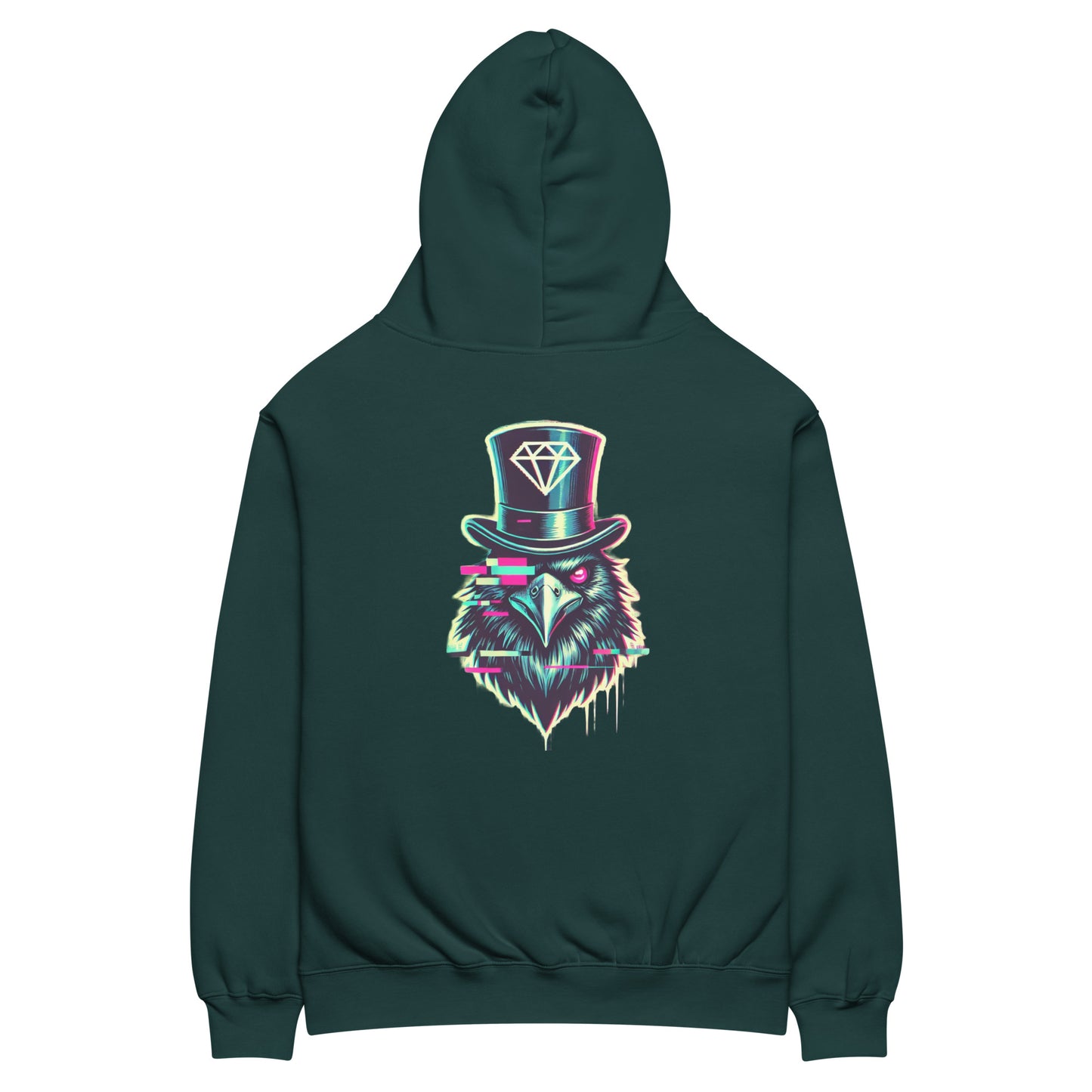 Men's Green Project 2025 Crow and Hat hoodie. British Clothes designer. Turquoise edged Gothic style text with Crow and Hat print on the front. Bold glitched effect Crow in a Top Hat with arrows. Colours are blues, purples on the rear.  Westminster Vault website. Westminster Vault has the best Streetwear Clothing  designs. Viral Artist merch and funny t-shirt gift ideas for men and women. UK Company British Owned Available on Google, Facebook, Instagram Snapchat and Tiktok. WestminsterVault.com,