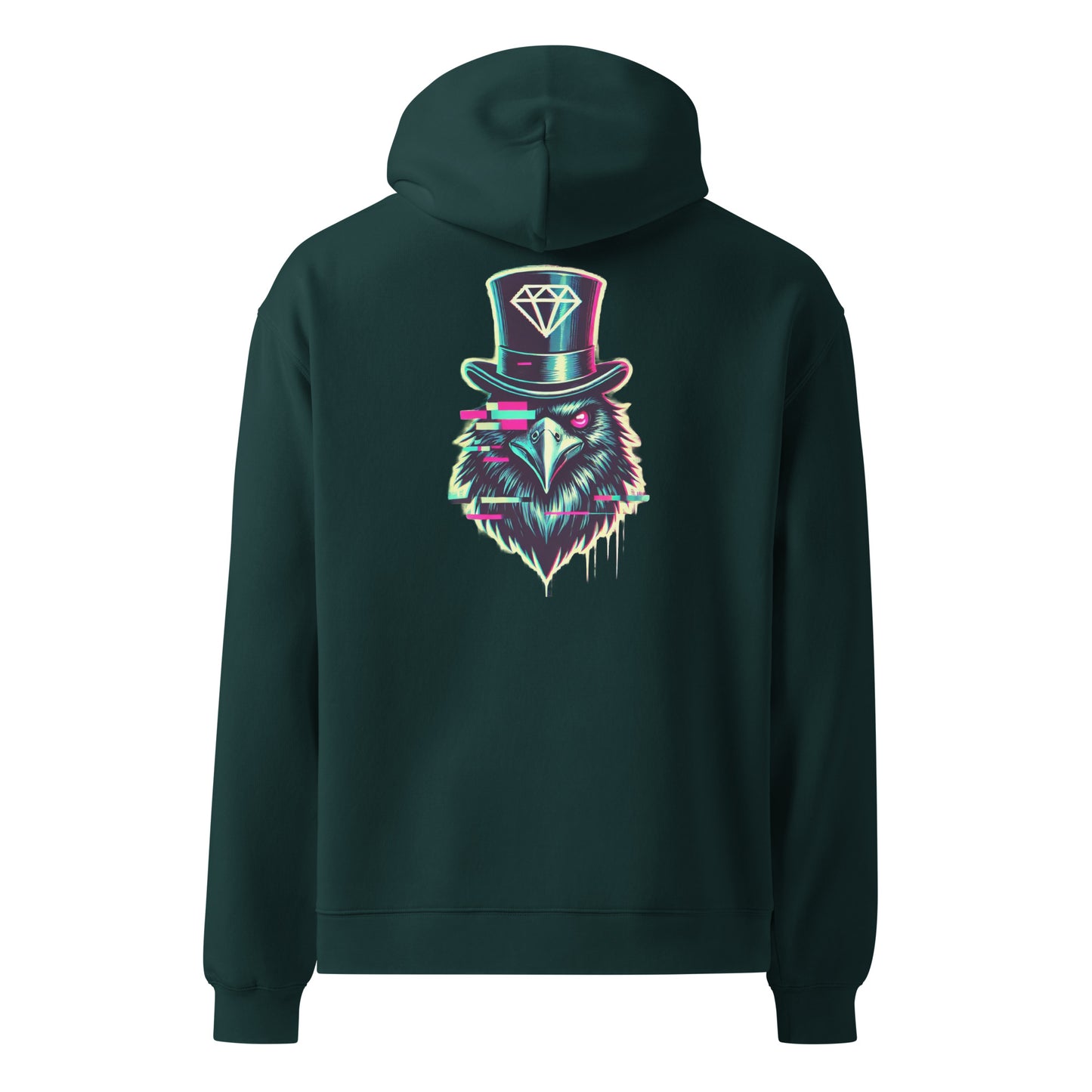 Men's Green Project 2025 Crow and Hat hoodie. British Clothes designer. Turquoise edged Gothic style text with Crow and Hat print on the front. Bold glitched effect Crow in a Top Hat with arrows. Colours are blues, purples on the rear.  Westminster Vault website. Westminster Vault has the best Streetwear Clothing  designs. Viral Artist merch and funny t-shirt gift ideas for men and women. UK Company British Owned Available on Google, Facebook, Instagram Snapchat and Tiktok. WestminsterVault.com,