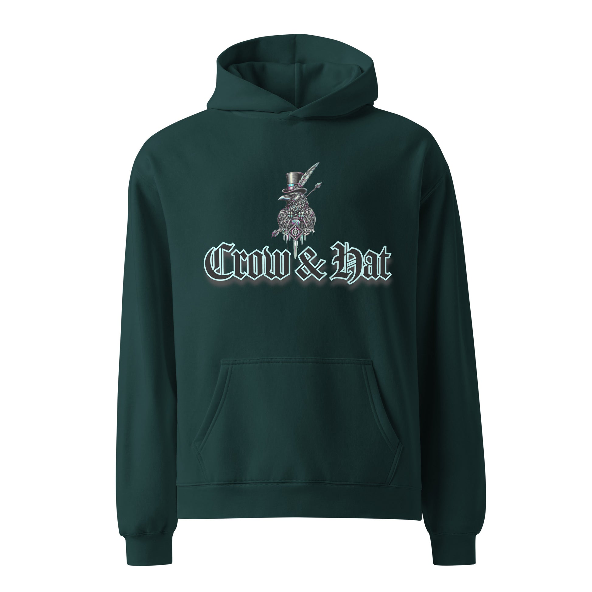 Men's Green Project 2025 Crow and Hat hoodie. British Clothes designer. Turquoise edged Gothic style text with Crow and Hat print on the front. Bold glitched effect Crow in a Top Hat with arrows. Colours are blues, purples on the rear.  Westminster Vault website. Westminster Vault has the best Streetwear Clothing  designs. Viral Artist merch and funny t-shirt gift ideas for men and women. UK Company British Owned Available on Google, Facebook, Instagram Snapchat and Tiktok. WestminsterVault.com,